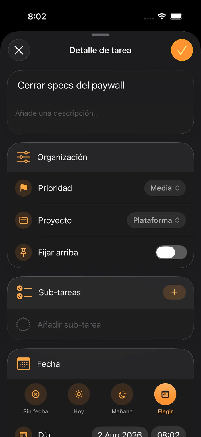 El detalle de una tarea con sus subtareas