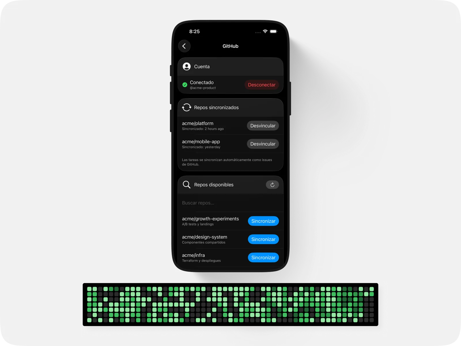 La pantalla de GitHub con los repos vinculados