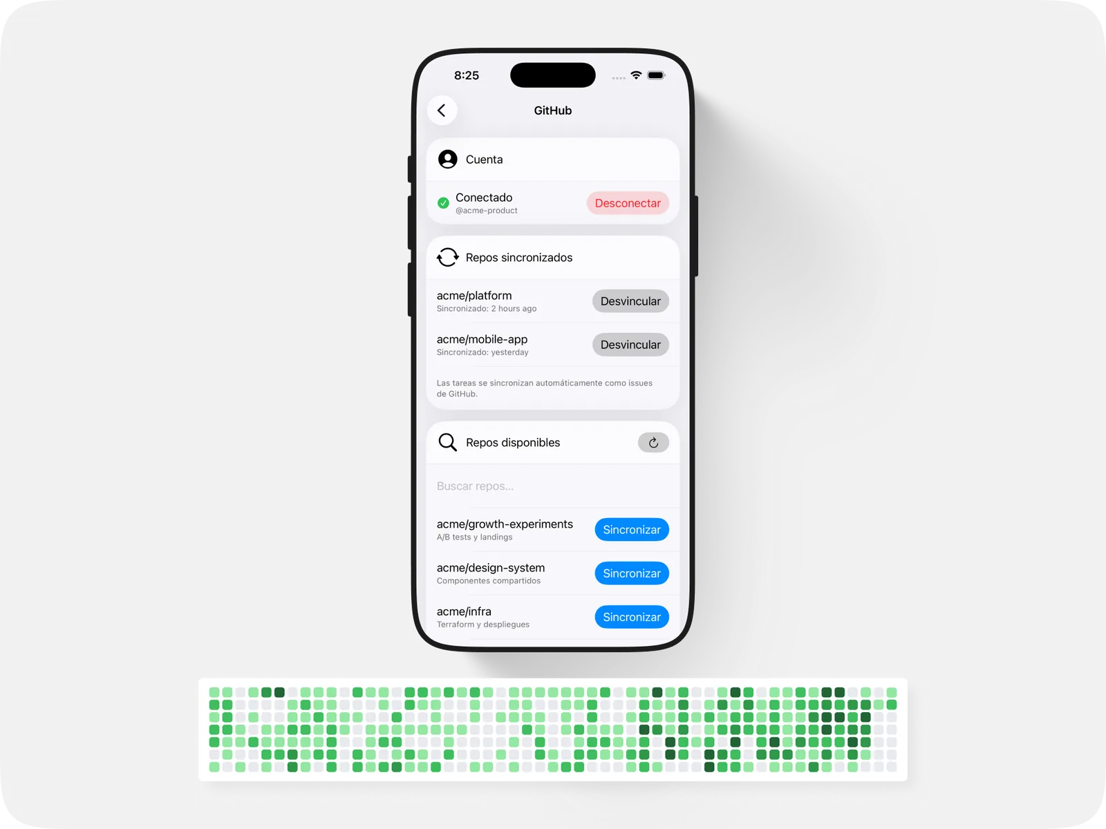 La pantalla de GitHub con los repos vinculados