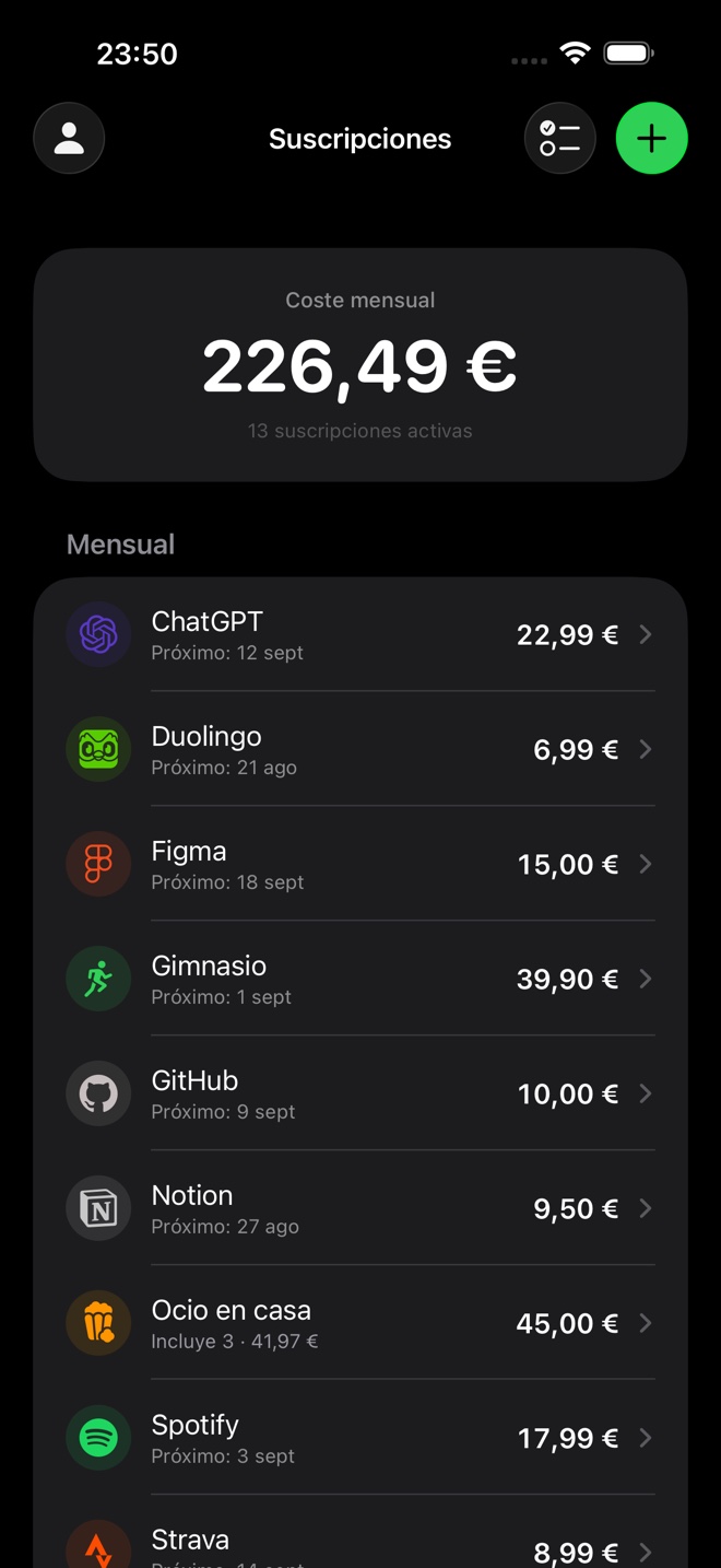 El total del mes y la lista debajo