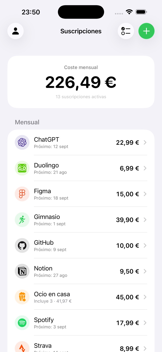 El total del mes y la lista debajo