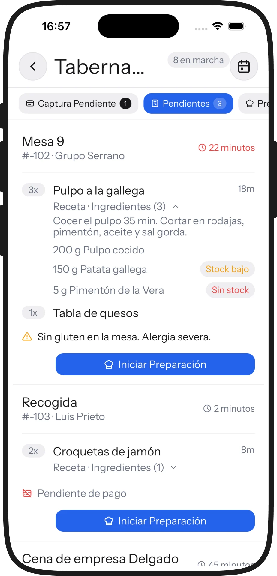 La comanda con su receta y su aviso de alergia