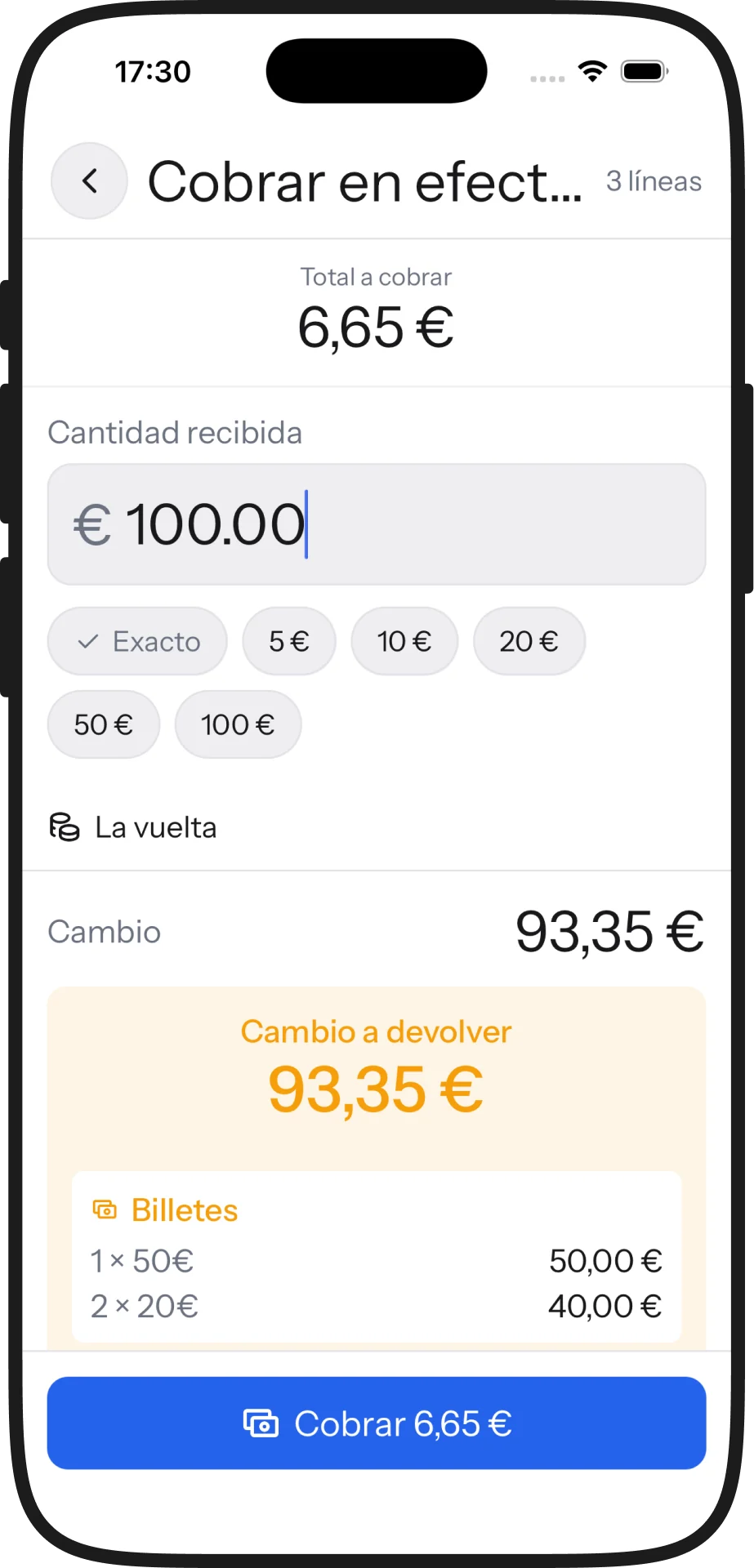 El cobro en efectivo con el cambio calculado