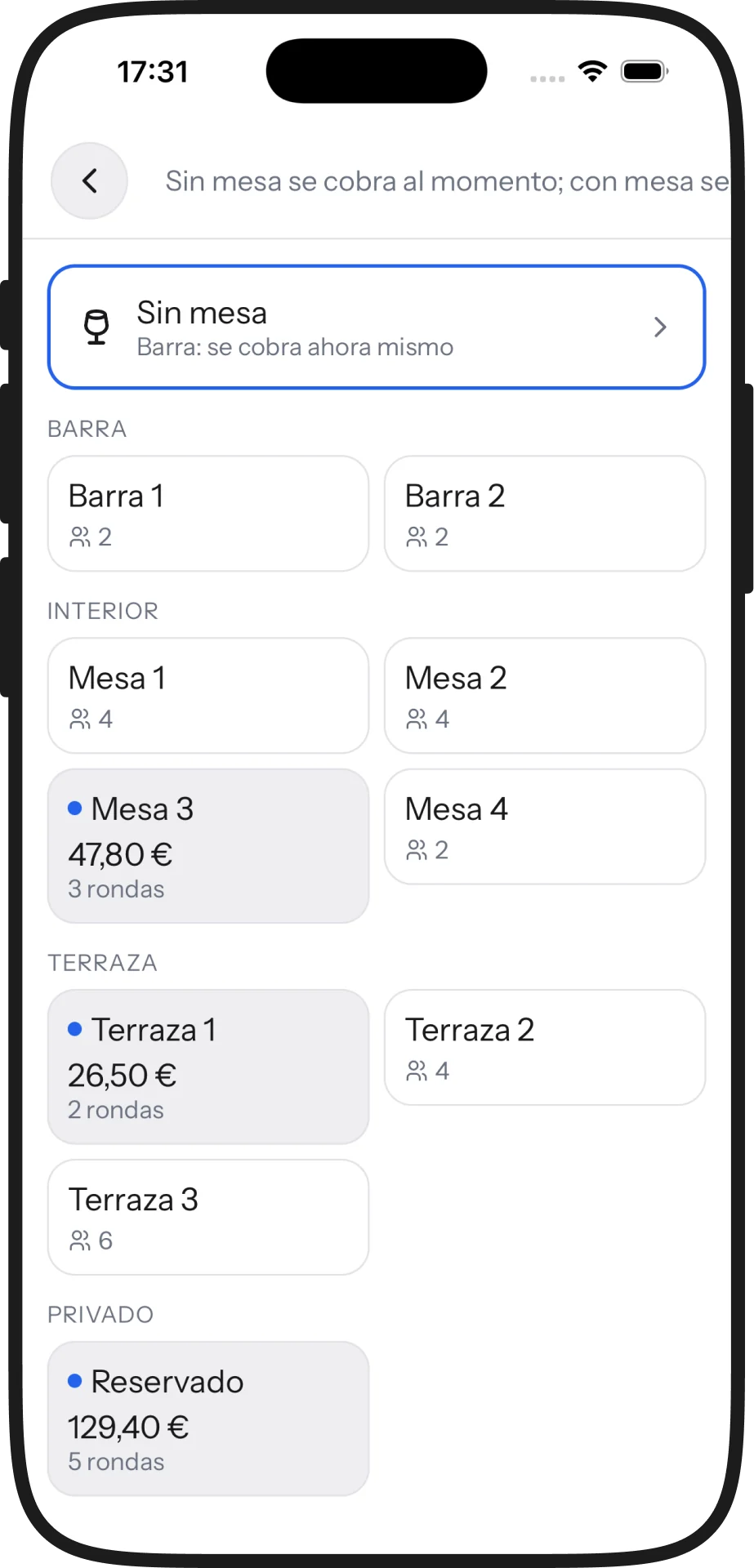 Las mesas por zona: barra, interior, terraza, privado
